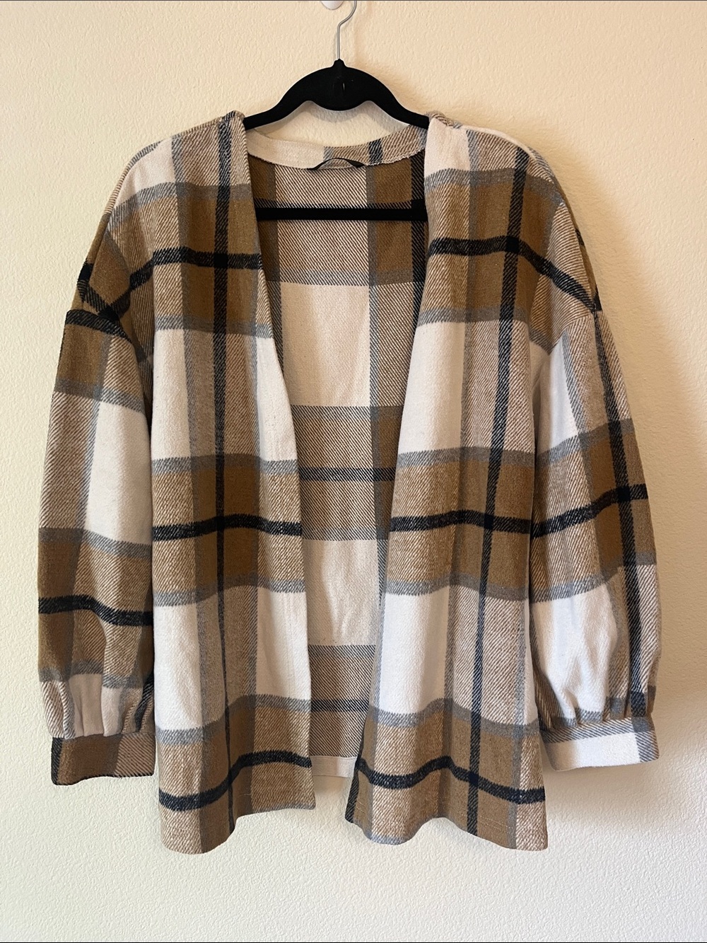 SHEIN Plaid Open Cardigan in Camel, Cream & Black - 8 - Oversized, bubble sleeve